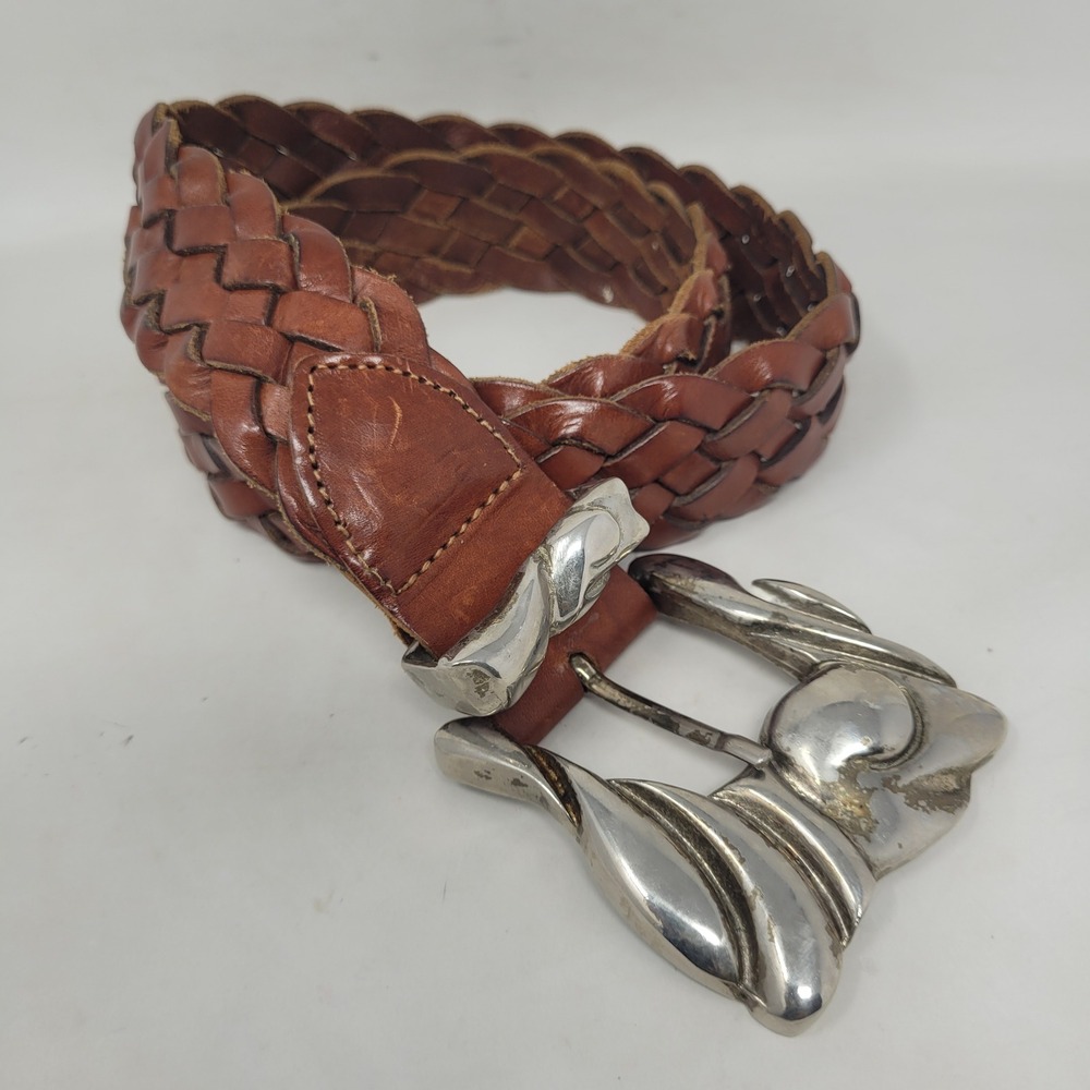 Brown Leather Belt Large Braided Woven Sculptural Buckle Western Cowgirl Boho